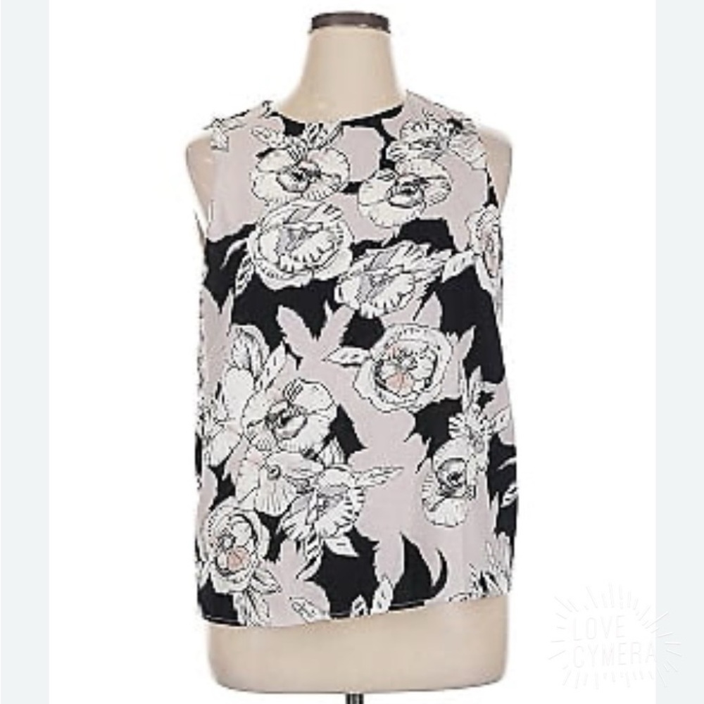 C&E Floral Sleeveless Blouse Size M Black White Blush Pink Lined Top